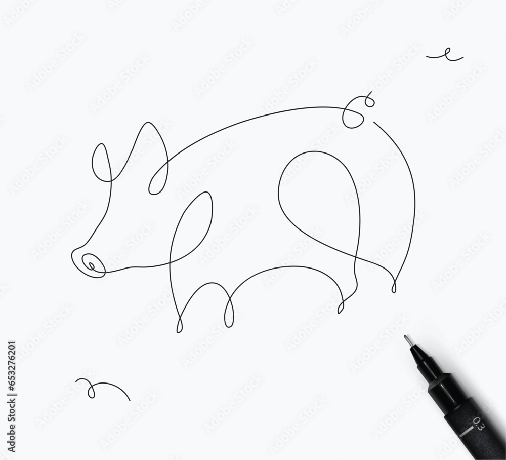 Pig drawing in minimalism pen line style on white background