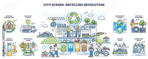 City scenes and recycling revolution for garbage management outline set