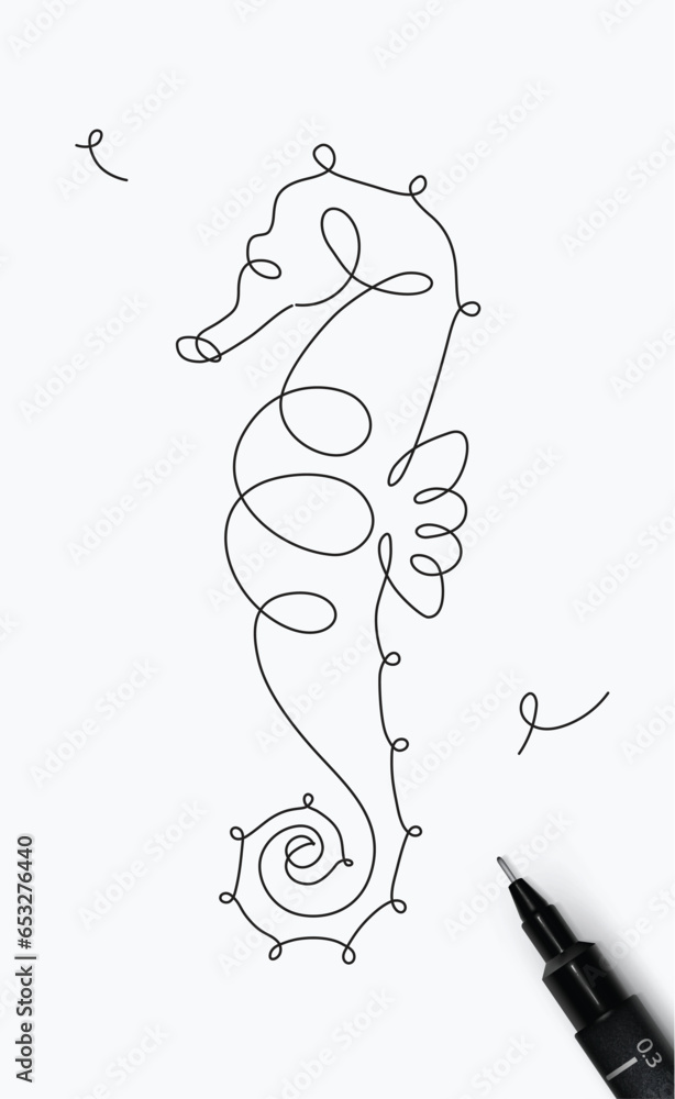 Seahorse sea creature drawing in pen line style on white background