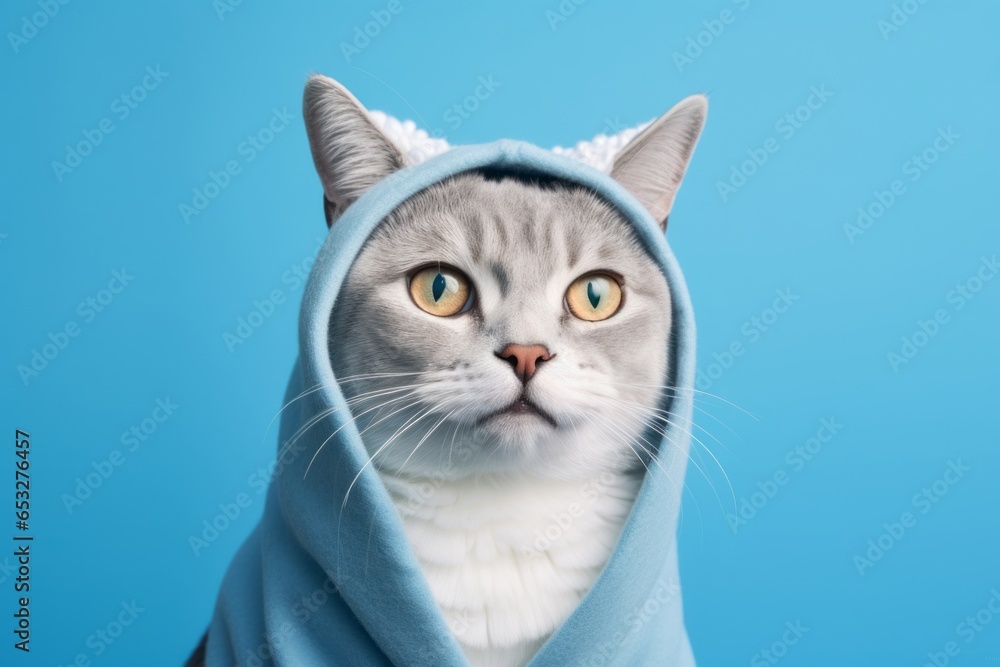 Fototapeta premium smiling colorpoint shorthair cat wearing a shark fin costume in cerulean blue background