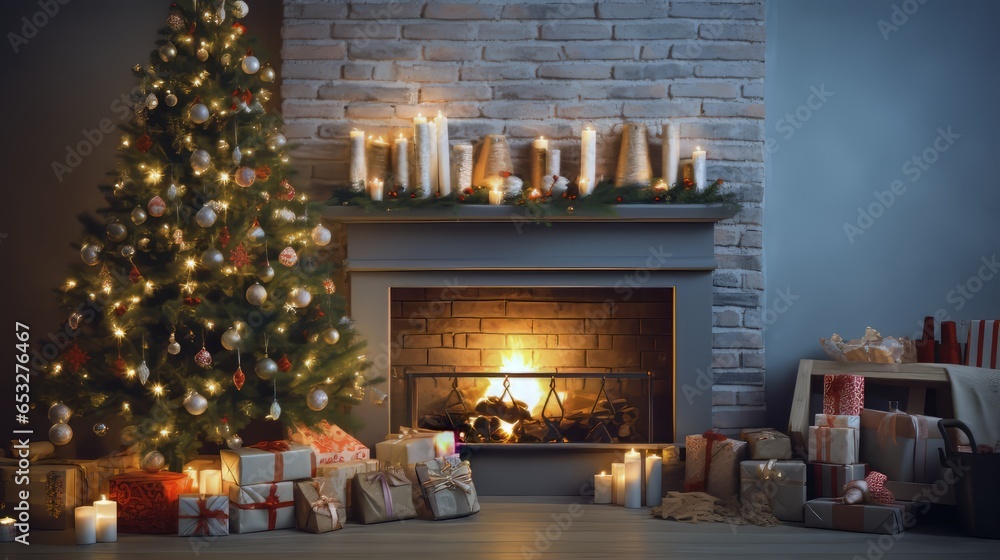 interior christmas. magic glowing tree, fireplace and gifts and fire