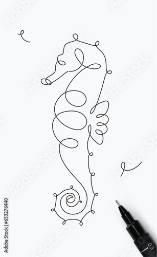 Obraz na płótnie Seahorse sea creature drawing in pen line style on white background w salonie