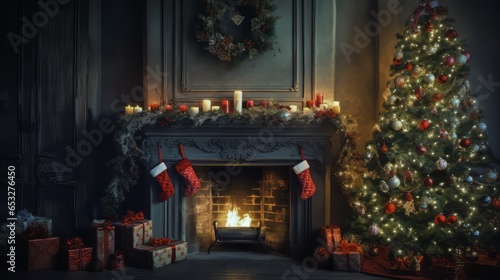 interior christmas. magic glowing tree, fireplace and gifts and fire © de-nue-pic