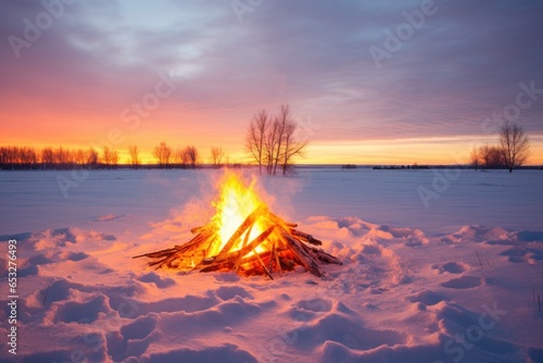 a bonfire burning brightly in a snow-covered field