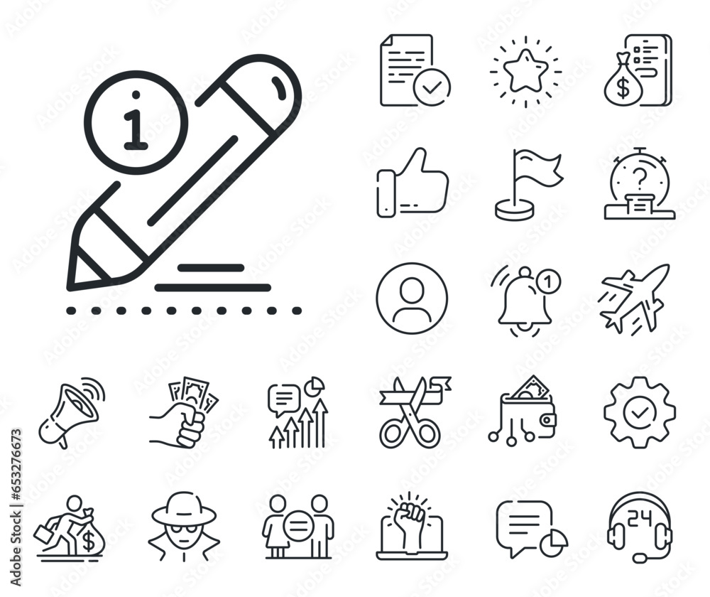 Information pencil sign. Salaryman, gender equality and alert bell outline icons. Edit line icon. Drawing info symbol. Edit line sign. Spy or profile placeholder icon. Online support, strike. Vector