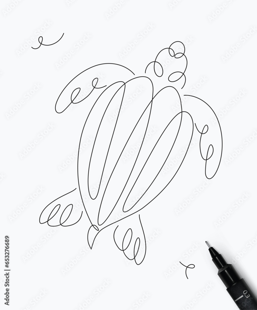 Turtle sea creature drawing in pen line style on white background