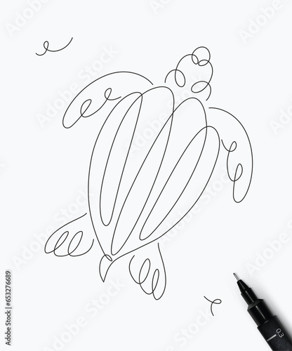 Obraz na płótnie Turtle sea creature drawing in pen line style on white background w salonie