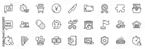 Icons pack as Market, Dishwasher and Love letter line icons for app include Yen money, Computer, Fake news outline thin icon web set. Photo studio, Sun protection, Parking garage pictogram. Vector