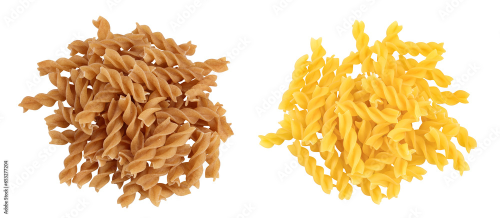 brown and yellow fusilli pasta from durum wheat isolated on white background with full depth of field. Top view. Flat lay. brown and yellow fusilli pasta from durum wheat isolated on white background with full depth of field. Top view. Flat lay.