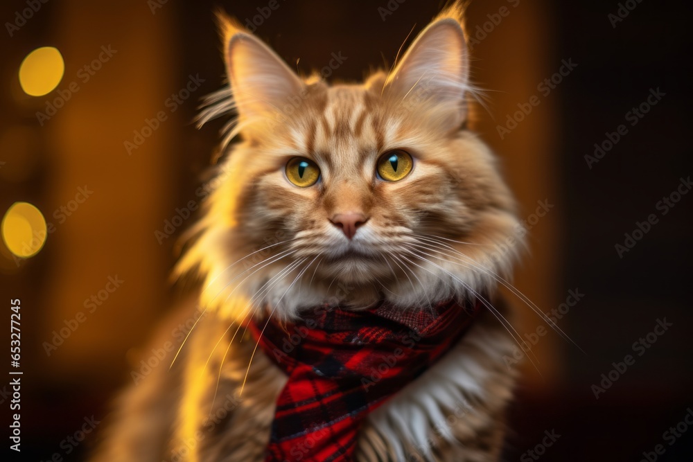 cute norwegian forest cat wearing a plaid bandana isolated on gold background cute norwegian forest cat wearing a plaid bandana isolated on gold background