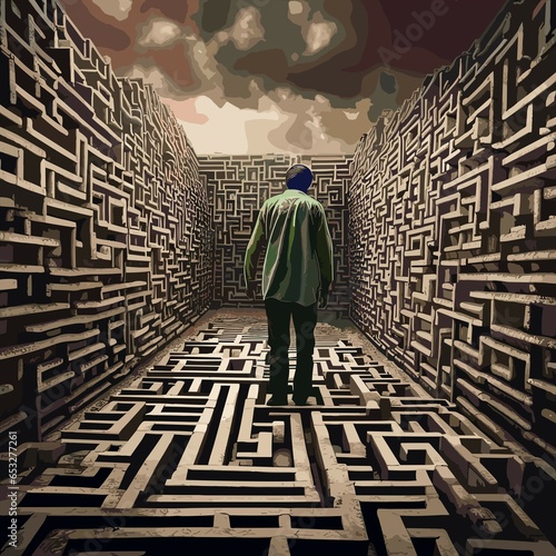 concept digital art illustration to represent a person with mental health issues in a maze or dead end, where the walls are closing in and the clouds are gathering above