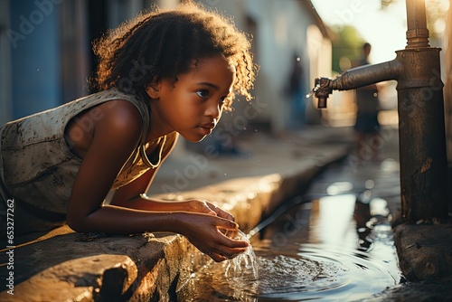 Beautiful African Child Drinking from a Tap  Water Scarcity Symbol . Young African girl drinking clean water from a tap. Water pouring from a tap in the streets of the African city.