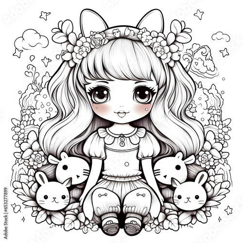 Kawaii style coloring page adorable girl with cute bunnies