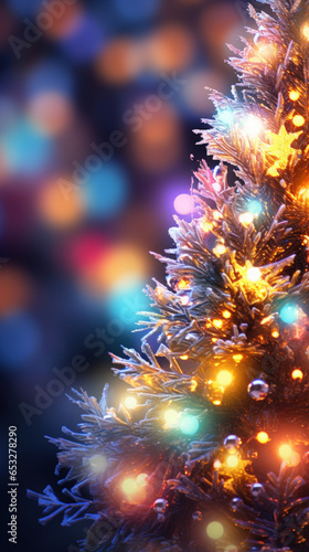 Festive Christmas Scene with Sparkling Snow  Ornaments  and Gifts  Ideal for Text Placement  High-Quality Seasonal Photography