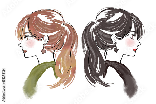 背中合わせのポニーテール女性のイラスト