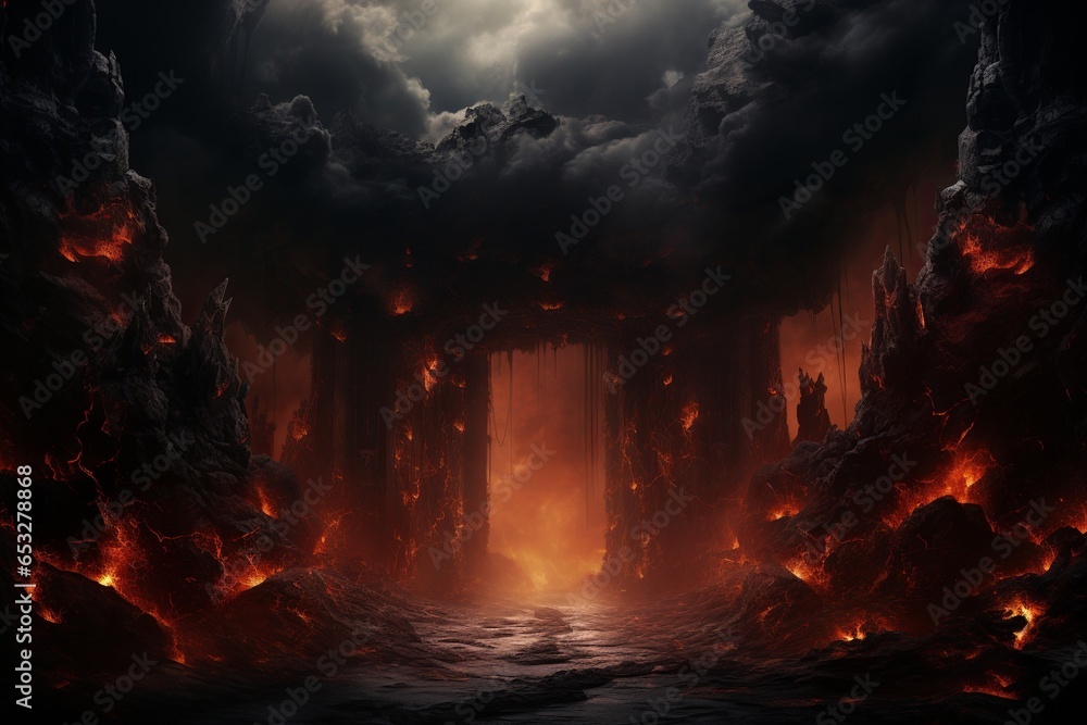 Hell's Gates, Halloween's Demon-Forged Portal, Infernal Entrance to the Abyss, Where Fire, Torture, and Malevolence Converge - obrazy, fototapety, plakaty 