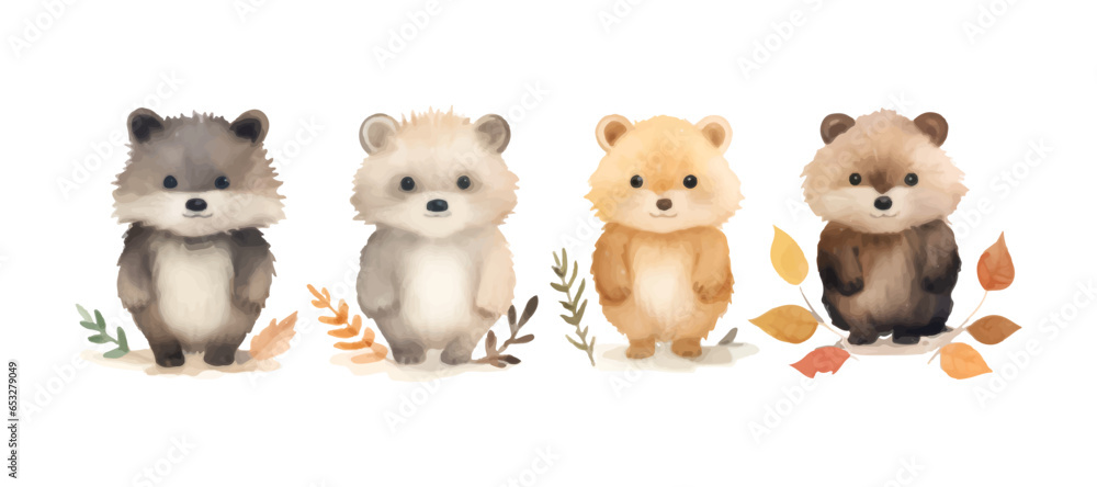 set of watercolor autumn animal illustration set of watercolor autumn animal illustration