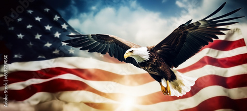 National symbol of the USA, Eagle With American Flag Flies In Freedom, American Flag Celebrations, Memorial Day, American Bald Eagle - symbol of America, US dollar photo