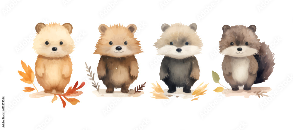 set of watercolor autumn animal illustration set of watercolor autumn animal illustration