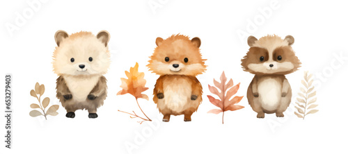 set of watercolor autumn animal illustration
