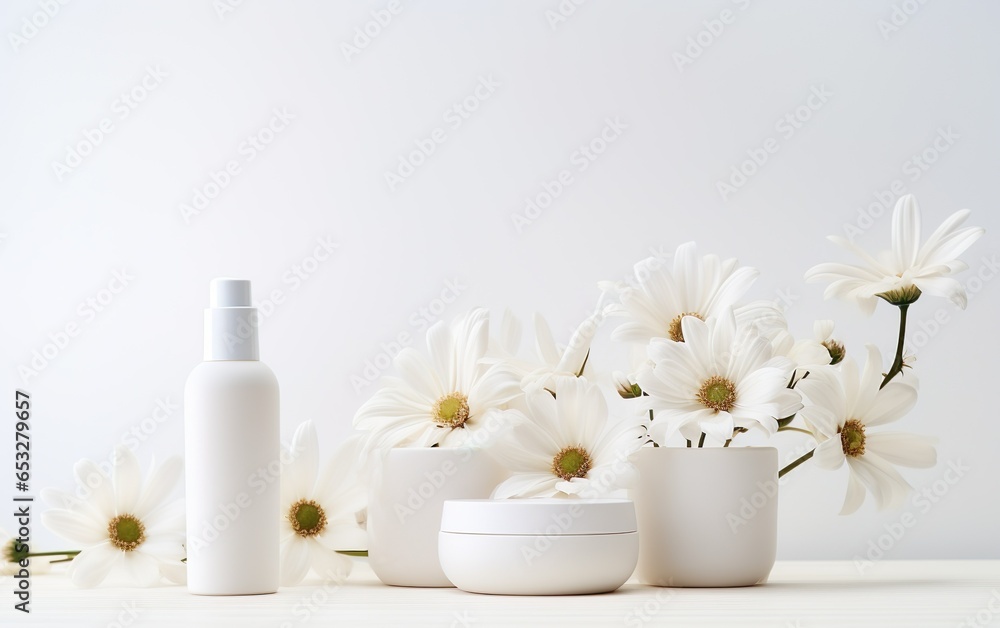 Set of cosmetic products bottles mockups. White containers on a white background with chamomiles. Beauty, cosmetology, skin care industry concept