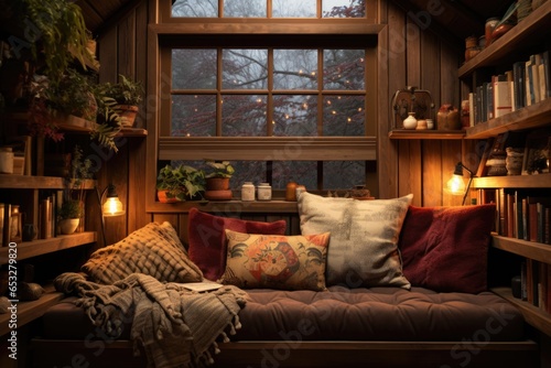 a cozy reading nook with pillows and a bookshelf