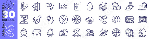 Question mark, Croissant and Clock bell line icons pack. Chemistry lab, Share call, Food delivery web icon. Molybdenum mineral, Market, Global insurance pictogram. Oil serum, Chef, Dumbbell. Vector