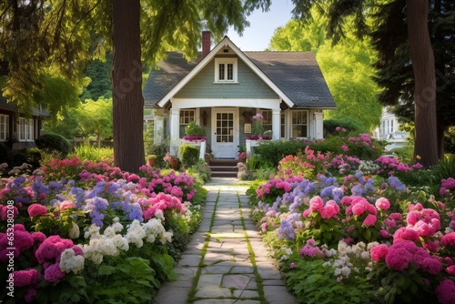 Discover the magic of a suburban house, its front yard transformed into a vibrant garden Eden. Adorned with an array of plants, the air is fragrant with blossoms. © Kristian