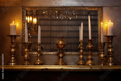 menorah on a mantle with reflections in a mirror