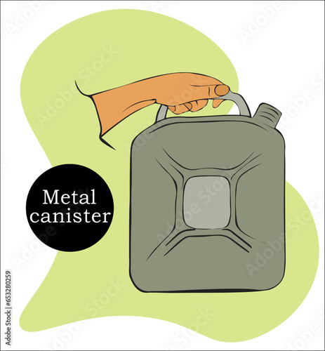 man's hand holds metal canister for gasoline, diesel, and lubricating fluids. In hand is fuel container with gallon of fuel for refueling car's gas tank.