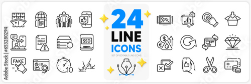 Icons set of Group, Phone timing and Get box line icons pack for app with Recovery server, Timer, Ssd thin outline icon. Image carousel, Internet documents, Checkbox pictogram. Money, CutTalk. Vector