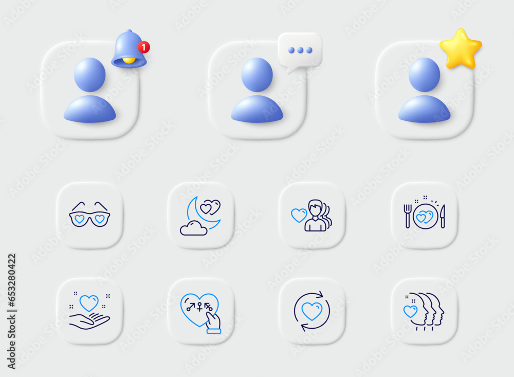 Friends couple, Genders and Update relationships line icons. Placeholder with 3d star, reminder bell, chat. Pack of Love glasses, Hold heart, Love night icon. Romantic dinner pictogram. Vector Friends couple, Genders and Update relationships line icons. Placeholder with 3d star, reminder bell, chat. Pack of Love glasses, Hold heart, Love night icon. Romantic dinner pictogram. Vector