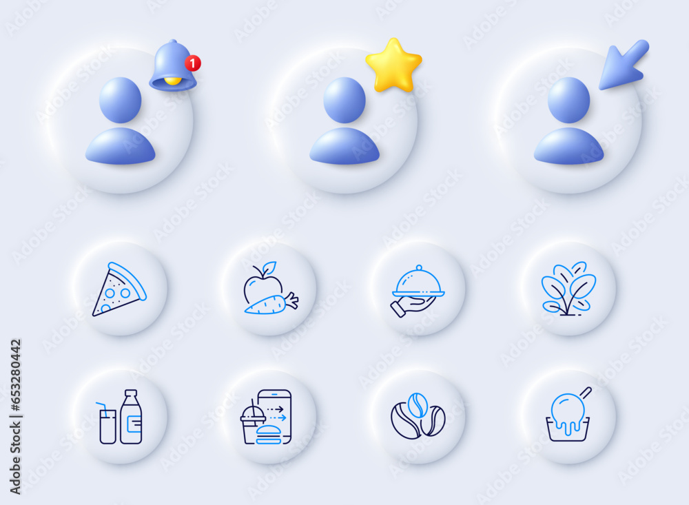 Spinach, Pizza and Milk line icons. Placeholder with 3d cursor, bell, star. Pack of Food order, Ice cream, Restaurant food icon. Coffee-berry beans, Apple carrot pictogram. Vector Spinach, Pizza and Milk line icons. Placeholder with 3d cursor, bell, star. Pack of Food order, Ice cream, Restaurant food icon. Coffee-berry beans, Apple carrot pictogram. Vector
