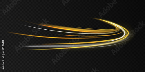 Shine magic gold swirl with flare sparkles. Curved yellow line light. Long exposure light painting photography, curvy lines of vibrant neon metallic yellow gold against a black background