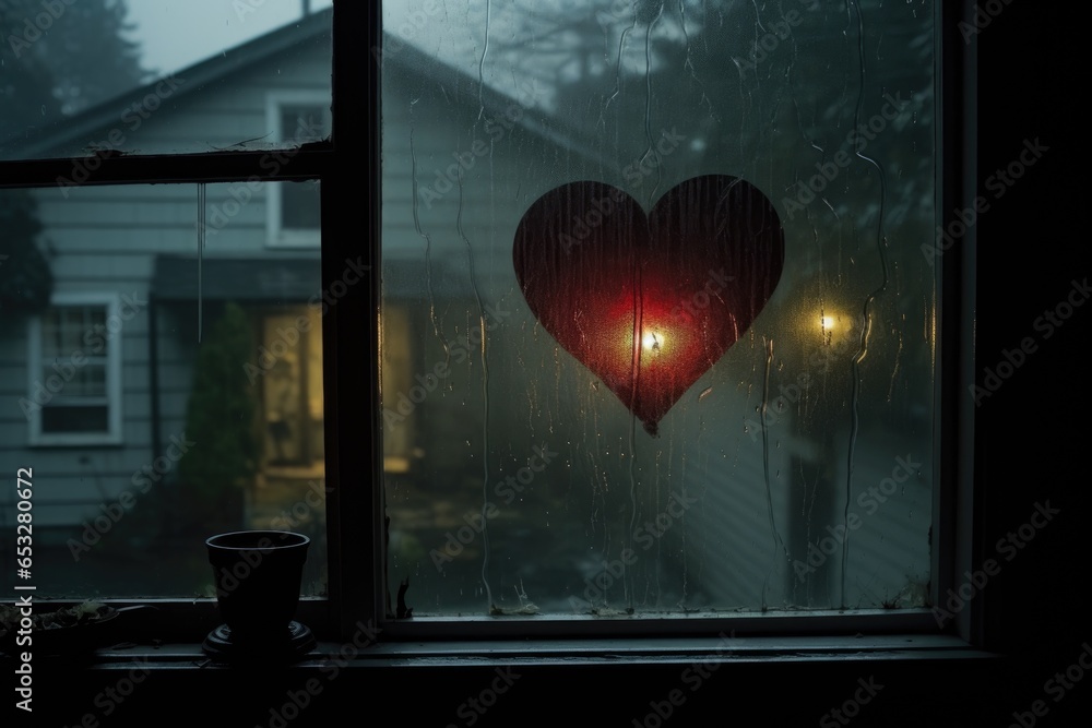 Obraz premium heart drawn on a foggy window with rain outside