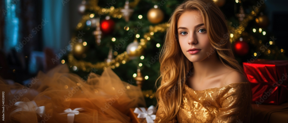 Portrait of Stunning Young Woman Celebrating the Holidays in a Festive Christmas Setting, High-Quality Seasonal Photography Portrait of Stunning Young Woman Celebrating the Holidays in a Festive Christmas Setting, High-Quality Seasonal Photography