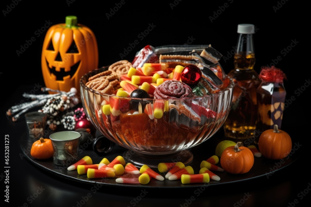 halloween bowl with candy, with horror movie on tv