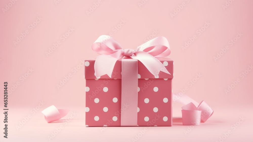 Obraz premium Pink polka dot gift or present box on a pale pink background, Generative AI