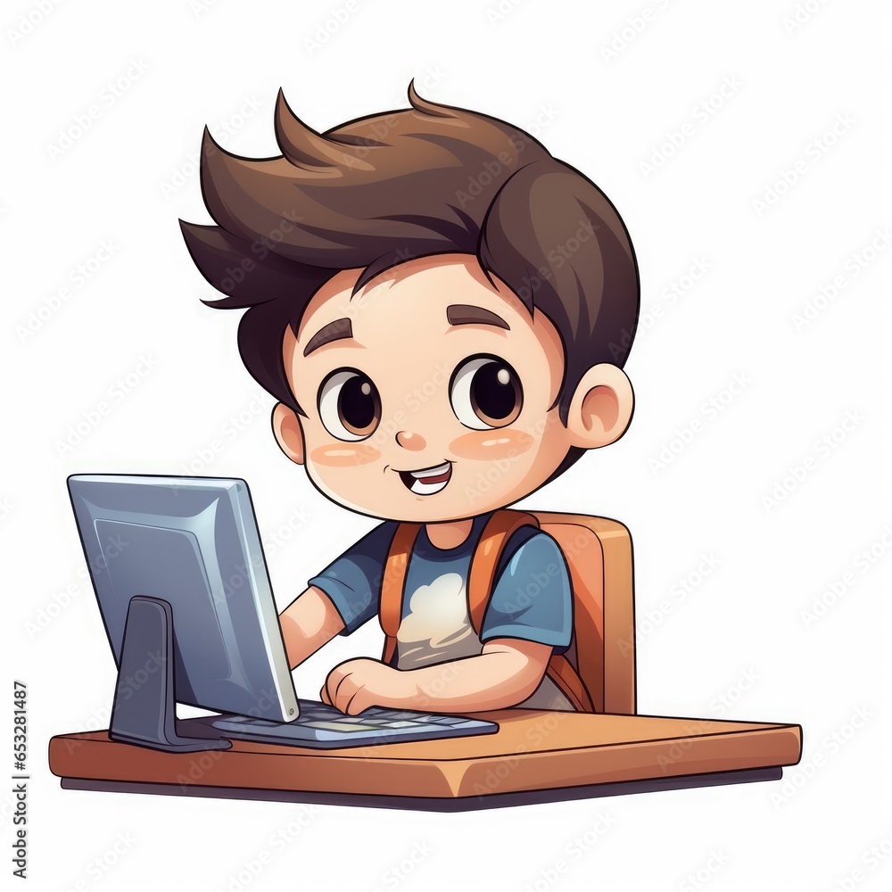 Cartoon illustration of a little boy working in front of a computer, AI generated Image Cartoon illustration of a little boy working in front of a computer, AI generated Image