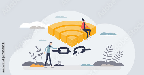 Digital disconnect and exit internet technology for detox tiny person concept. Connection lost because of wifi maintenance or wireless breakdown vector illustration. Leave social media for relaxation