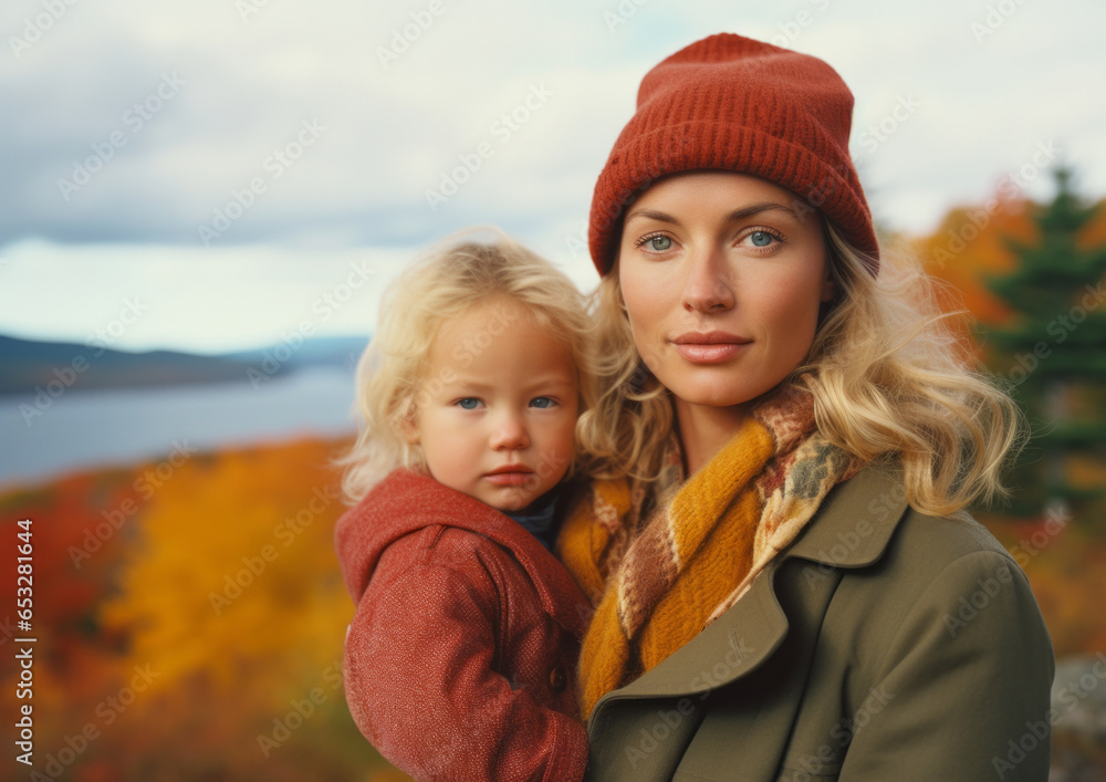 A young woman stands proudly in the autumn air, dressed in a fashionable red jacket and bonnet, a warm scarf protecting her and her smiling toddler from the cold winter sky A young woman stands proudly in the autumn air, dressed in a fashionable red jacket and bonnet, a warm scarf protecting her and her smiling toddler from the cold winter sky