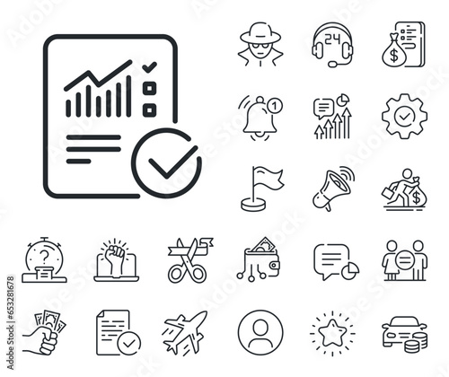 Analysis Chart or Sales growth report sign. Salaryman, gender equality and alert bell outline icons. Checklist document line icon. Statistics data symbol. Checked calculation line sign. Vector