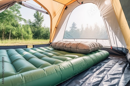 camping inflatable mattress with a pillow inside a tent photo