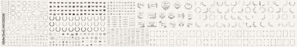 Mega set decoration vintage frame and corners icon. Vector illustration. Crown and circular laurel foliate vector icon
