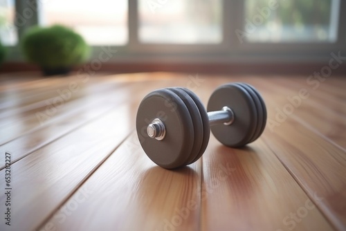 macro shot of a dumbbell lying on a wooden floor