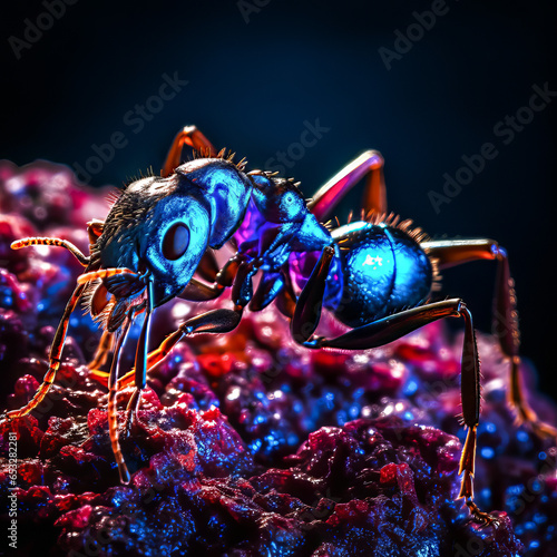 Macro View of Ants in Black Light. Generative AI. A digital rendering of a macro view of ants in black light.