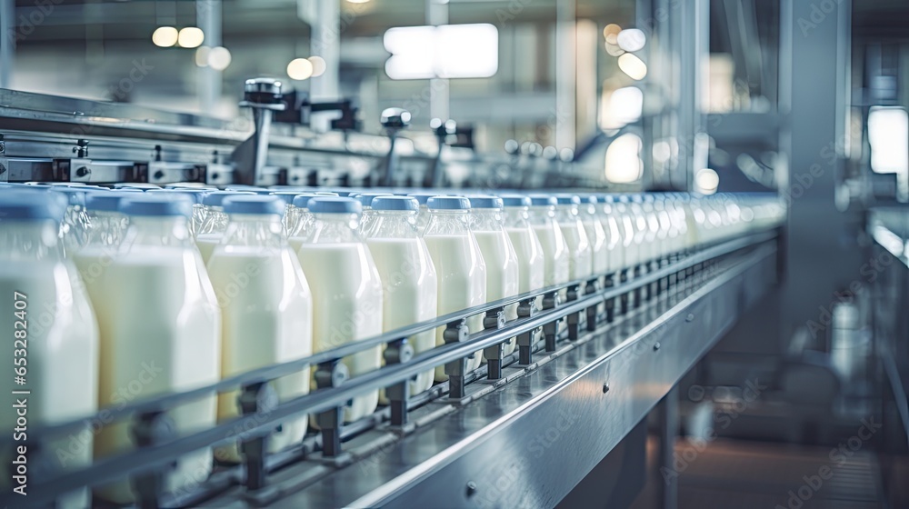 An image of a factory production line where milk is filled into bottles. - obrazy, fototapety, plakaty 