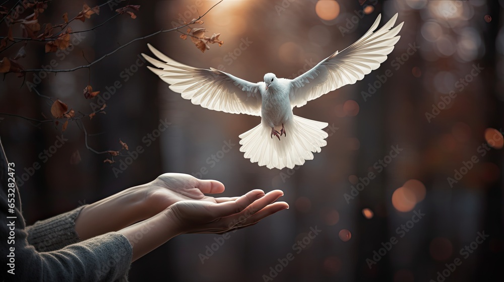 Gentle hands releasing a pure white dove into the sky. - obrazy, fototapety, plakaty 