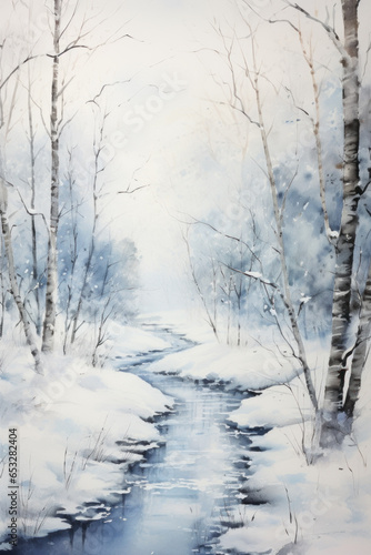 Winter landscape. Brook flowing through snowy birch forest. Watercolor painting.