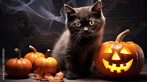 Cat with Halloween pumpkin on a dark background. © kept